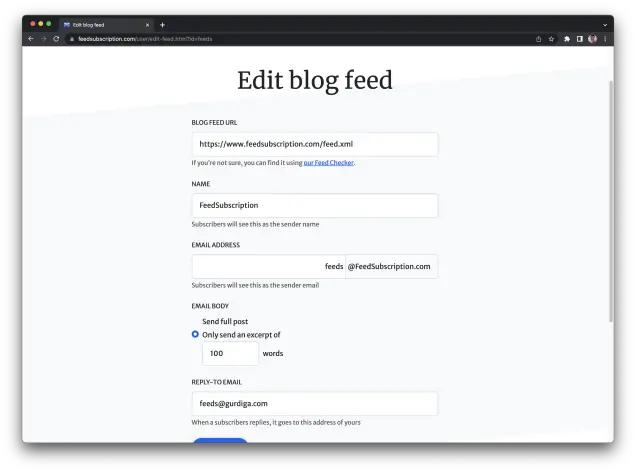 A screenshot of the “Edit blog feed” form