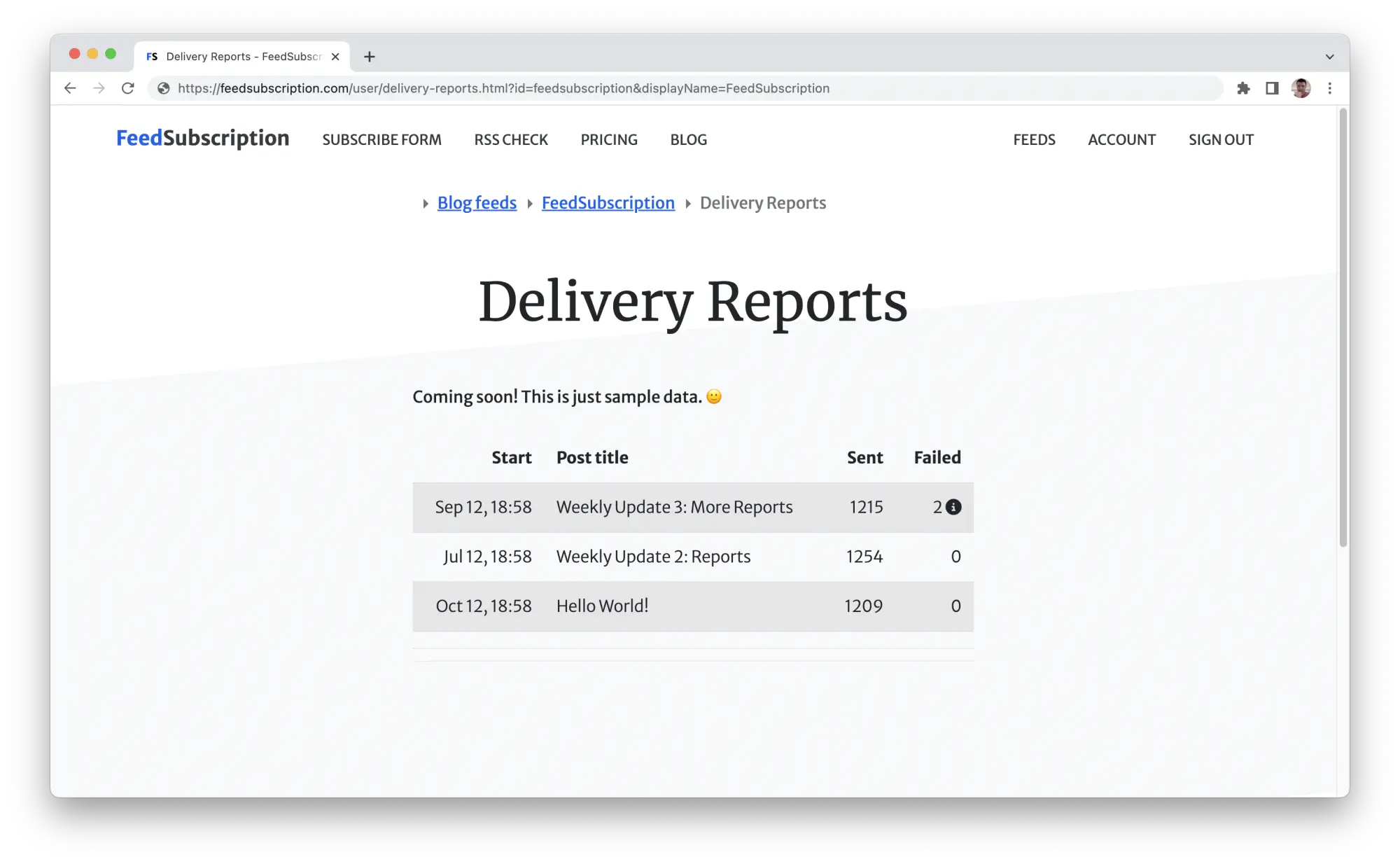 Screenshot of the Delivery Reports page