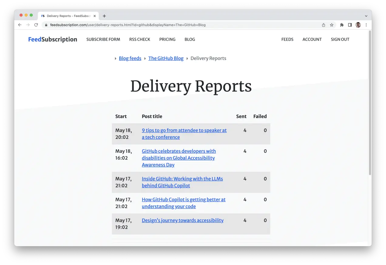 A screenshot of the live Delivery Reports page